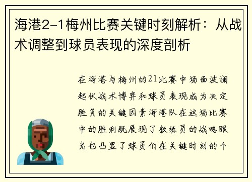 海港2-1梅州比赛关键时刻解析：从战术调整到球员表现的深度剖析