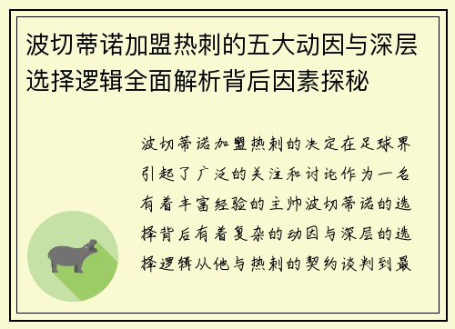 波切蒂诺加盟热刺的五大动因与深层选择逻辑全面解析背后因素探秘